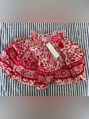 Poupette St. Barth Red and White Floral Ariel Ruffled Skirt